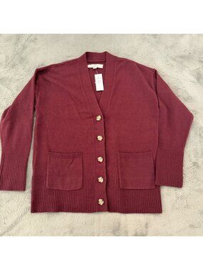 NWT LOFT Girlfriend Sweater Cardigan Button Up Oversized XS Reddish Brown